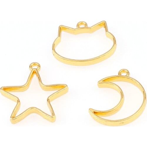 15pc/set FashioMix Cat Moon Star Metal Hollow Gold Color DIY Frame Pendant Gold Charm Bezel Setting DIY UV Resin Charm Epoxy