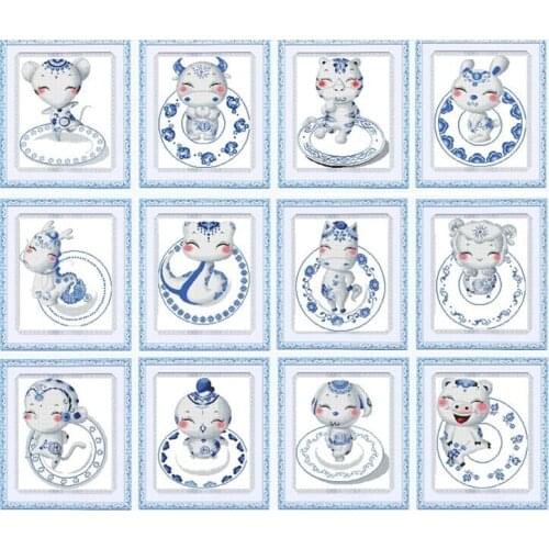 Embroidery Package Cross Stitch Kits Total 12 Pieces Lovely Twelve Creatures Blue and White Porcelain DIY Embroidery Kit