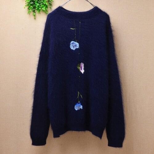 Female women autumn winter clothes hairy flower embroidery soft angora rabbit hair knitted o-neck loose pullover outwear sweater