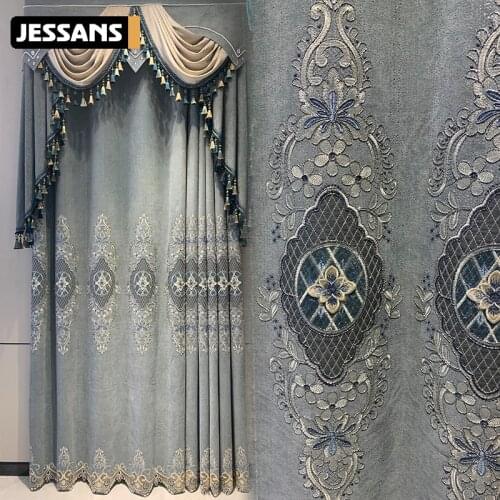 Luxury Gray European-style Chenille Embroidered Curtain for Living Room High-end Atmosphere Bedroom Water-soluble Customization