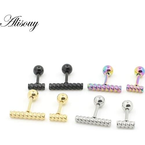 Alisouy 1 pair Simple Ear Piercings Mens Womens Tiny Studs Tragus Stainless Steel T-Shape Ear Plugs Barbell stud earrings