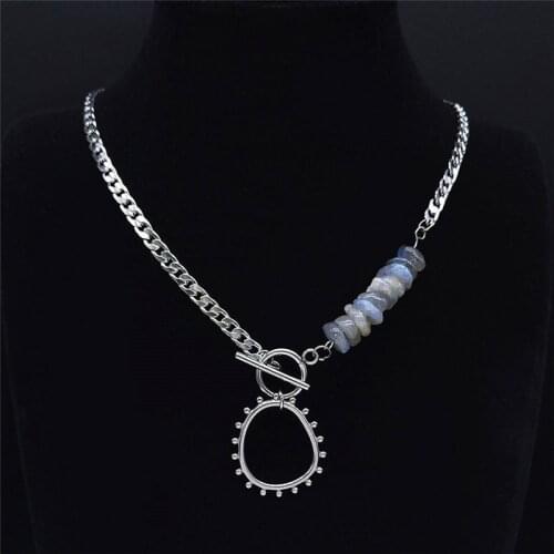 Punk Boho Stainless Steel Natural Flash Stone Chain Necklace Silver Color Bead Necklace Chain Jewelry collier femme NXS04
