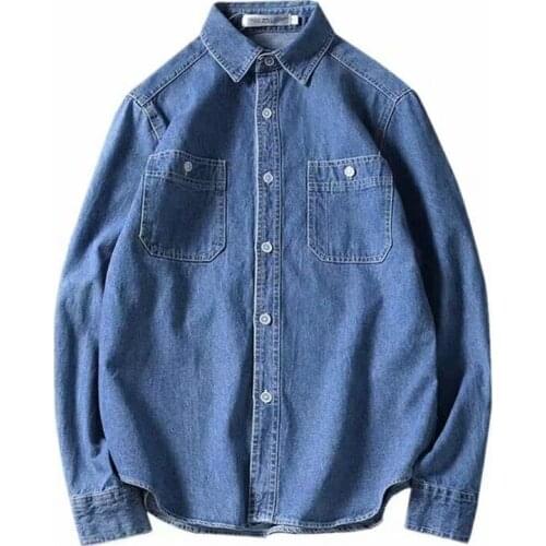 Vintage Denim Casual Shirt Men Long Sleeve Jean Jacket Japanese Streetwear Baggy Outerwear 2021 Fashion Mens Clothes
