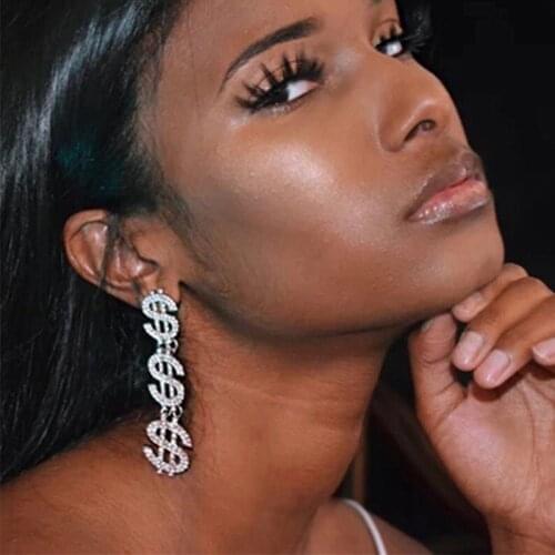 Novelty Super Shiny Rhinestone Dollar Charms Dangle Earrings for Women Fashion Jewelry Party Statement Earrings Accessories