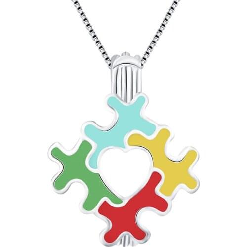 CLUCI 925 Sterling Silver Autism Awareness Charms Pendant for Women Puzzles Pieces Heart 925 Silver Pendant Pearl Locket SC281SB