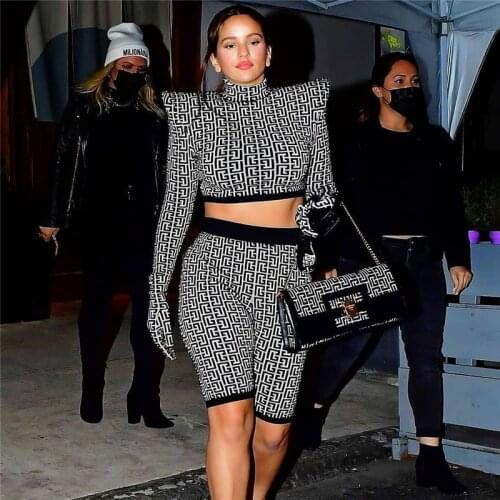 2021 New Geometric Jacquard Two Pieces Set Long Sleeve Turtleneck Bandage Outfits High Waist Shorts Streetwear Women Clothes