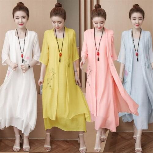 New Summer Two Piece Vintage Women Print Long Dress Big Size Cotton and Linen Dress Loose Half Sleeve Dress Vestidos Robe WZ445