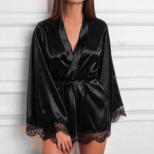 Women Sexy Lingerie Robe Satin Silk Lace Lingerie Nightgown Sleepwear Sexy Night Robe Summer Sleep Wear Pijama Mujer