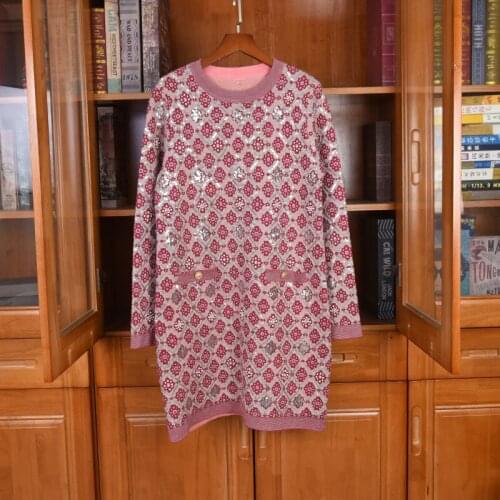 2020 Autumn Luxury Women Sequined Beading Knitted Fashion Long Sleeve Dresses For Ladies