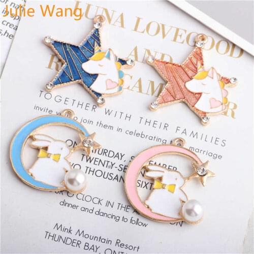 Julie Wang 5pcs Enamel Unicorn Star Rabbit Moon Charms Alloy Gold Tone Animal Pendant Necklace Bracelet Jewelry Making Accessory