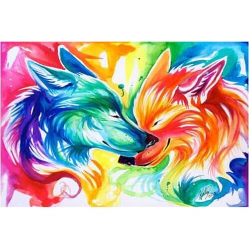 5D DIY Full Round Diamond Painting Cartoon Colorful Couple Wolves Cross Stitch 3D Embroidery Rhinestone Mosaic Home Decor Y533