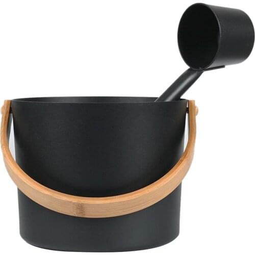 7L Aluminum Sauna Bucket with Long Handle Spoon Set Matching Ladle Sauna Barrel Shower Bath Accessories for Steam Room