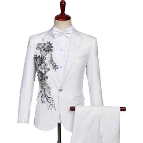 Blazer men groom suit set with pants mens wedding suits costume singer star style Sequin stage clothing formal dress white