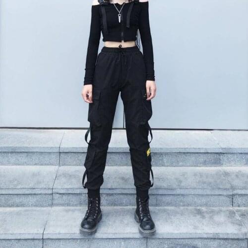 Spring Women BLACK Army Cargo Pants Unisex Hip Hop Sashes Trousers BF Harajuku Joggers High waist overalls loose casual pants