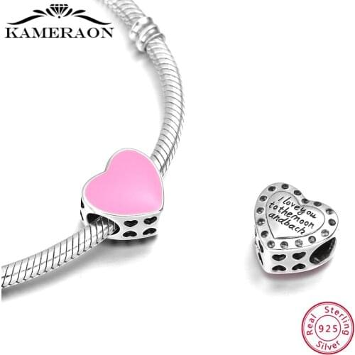 925 Sterling Silver Latters Bead Heart-shaped Charm Suitable for Original Bracelet Pink Enamel Silver Beads For DIY Jewelry