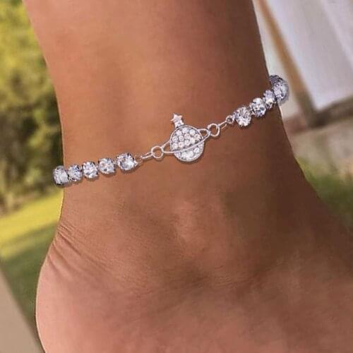 Stonefans Bohemian Creative Planet Rhinestone Chain Anklet for Women Summer Beach Crystal Tennis Anklet Bracelet Leg Jewelry
