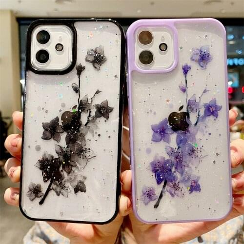 Glitter Epoxy Flowers Case for IPhone 11 12 Pro Max XS XR SE 2020 7 8 Plus Clear Coque Candy Color Shockproof Bumper Back Cover