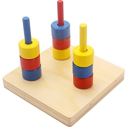 Montessori Material Wood Toy Three Colors Discs on Vertical Dowel Educational Hand & Feet Finders Toys for Toddler 6 Month Gift