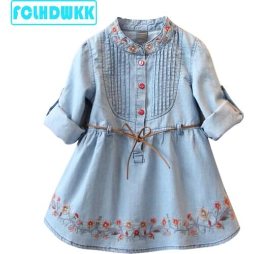 FCLHDWKK Toddler Kids Dress For Baby Girls Embroidered Denim Flower Dresses Birthday Party Dress Spring Casual Dress Clothes