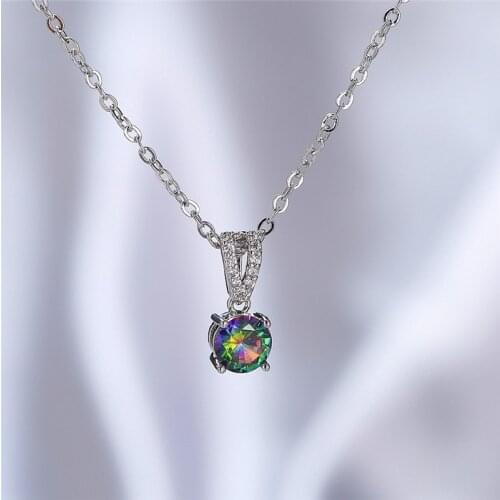 Dainty Female Purple Pendant Necklace Cute Rainbow Chain Necklaces For Women Round Crystal Stone Wedding Necklace