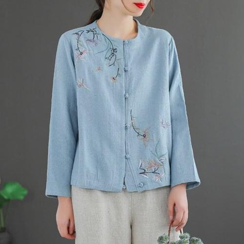 Johnature Women Cotton Linen Coats O-Neck Long Sleeve Embroidery Flower Button Clothing 2021 Antumn New Soft Chinese Style Coats