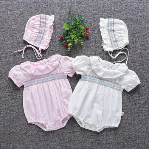 Summer Baby Girls Rompers Newborn Infant Clothes Toddler Solid Embroidery Design Jumpsuit with Hat 2 PCS Set Princess One-Pieces