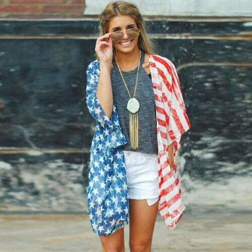 Summer Cardigan American Flag Pattern Star-Spangled Chiffon LA girl Beach cool style oversize Tulle elegant Short Rashguard coat