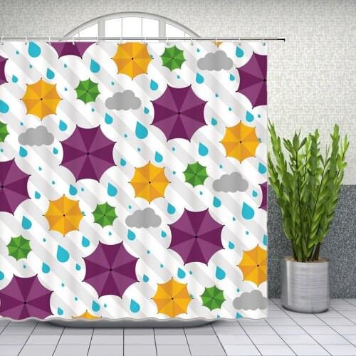 Cartoons Shower Curtains Green Yellow Purple Umbrella Raindrop Bathroom Decor Home Bathtub Waterproof Polyester Curtain Set
