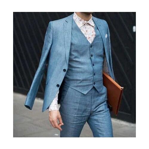 ANNIEBRITNEY Latest Coat Pant Designs Blue Linen Beach Men Suit Slim Fit Tuxedo Prom Wedding Groom Best Men Suits Custom Size