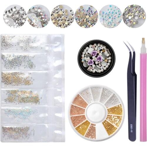 5pcs Set 3D Nail Rhinestones Stones Mixed Colorful DIY Design Decals with Nail Curved Tweezer Crystals Nail Art Decorations