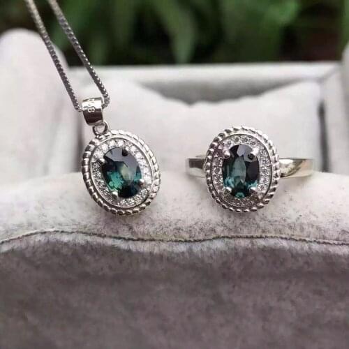 Natural blue sapphire stone wedding jewelry sets natural gemstone ring necklace earrings S925 silver Elegant Fashion Round