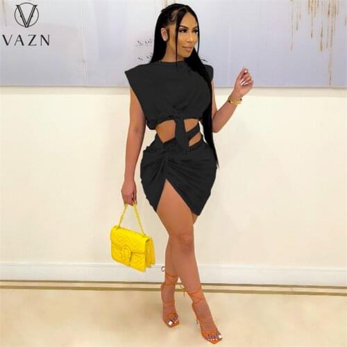VAZN 2021 New High Quality Novelty Designer Solid Sexy Club Short Sleeve Mini Skirts High Waist Slim Women 2 Piece Set