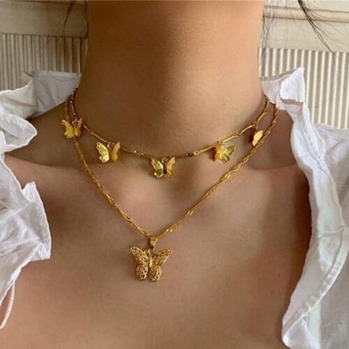 Gold Silver Color Butterfly Pendant Necklace Women Two Layer Clavicle Chain Necklaces 2021 Fashion Female Choker Jewelry