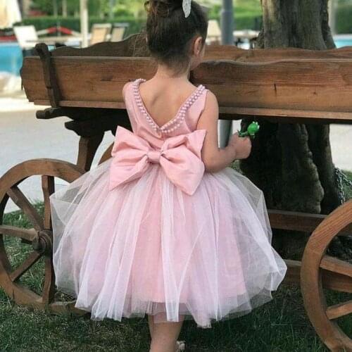 Pearls Knee Length Flower Girl Dress Bbay Birthday Party Gowns with Bow