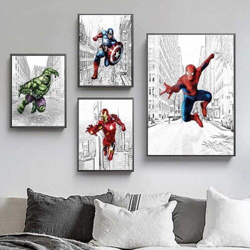 Marvel Avengers Cartoon Comics Poster Captain America Iron Man Hulk Canvas Painting Print Wall Art Picture for Living Room Decor