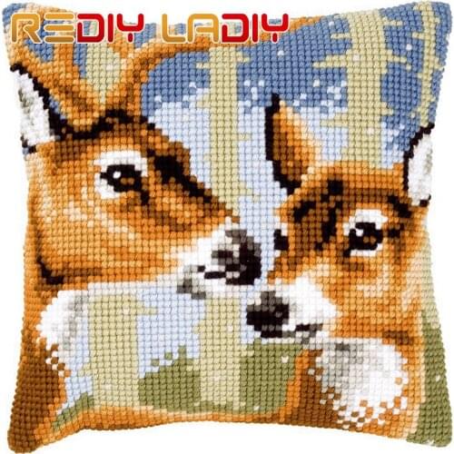 REDIY Cross Stitch Pillow Case DEER FAMILY Acrylic Yarn Cushion Cover Pre-Printed Canvas Throw Pillows Sofa Cushions Home Decor