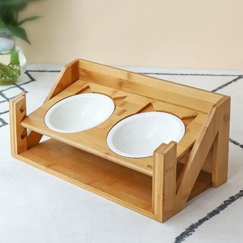 Adjusted height Pet dining table bowl Pet wooden Tilted Feeders Dog Anti-slip Double Bowl Cat Dish with Slope stand CW121