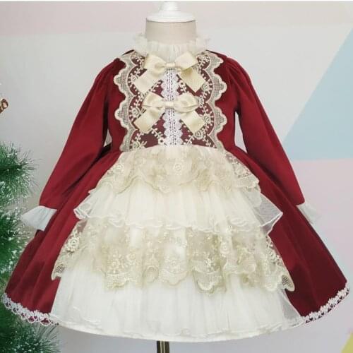 Baby girl vintage Spanish lolita velvet princess dress kids lace stitching Christmas birthday party ball gown dress