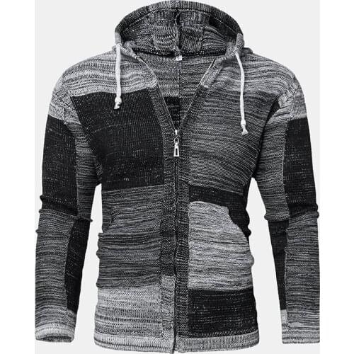 Large Size Knit Sweater Multicolor Stitching Long-sleeved Zipper Cardigan Hooded Sweater Mens Casual Jacket Harajuku Clothing