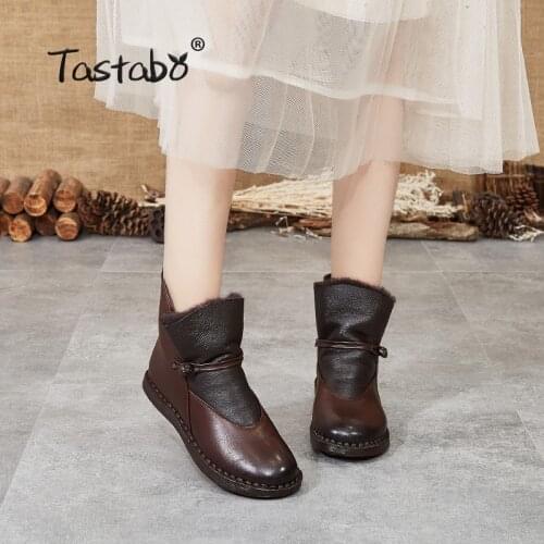 Tastabo Genuine Leather ladies ankle boots vintage style Brown Red S99522M Comfortable soft bottom womens boots Plush lining