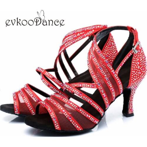 Evkoodance size us 4-12 Women red/khaki/black/brown with rhinestone latin dance shoes heel 7/6/8.5cm Professional Evkoo-629