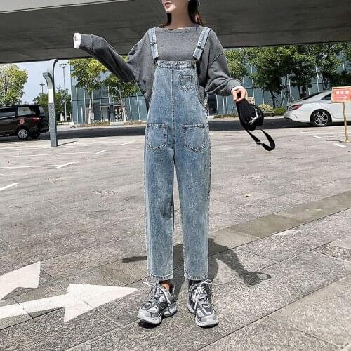 2021 New Spring Women Jeans Overalls Fashion Casual Baggy Jumpsuit Denim Pants Female Solid Loose Casual Blue Bib Trousers