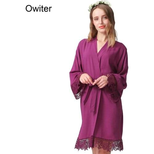 Owiter Women Rayon Cotton Kimono Lace Robes Wedding Solid Bride Trim Party Bridal Robe Short Belt Bathrobe 15 Color Gown
