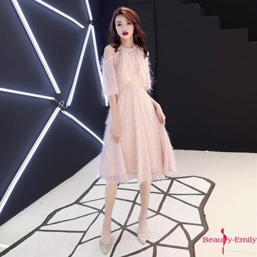 Beauty Emily Strapless High Neck Evening Dresses Lace Pink Casual party Dress Pleated Prom Gowns Vestido de noche