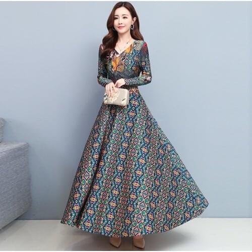 Women Dress Vintage Autumn New Arrival For 2021 Long Sleeve Printed Collect Waist Female Clothes Long Dress