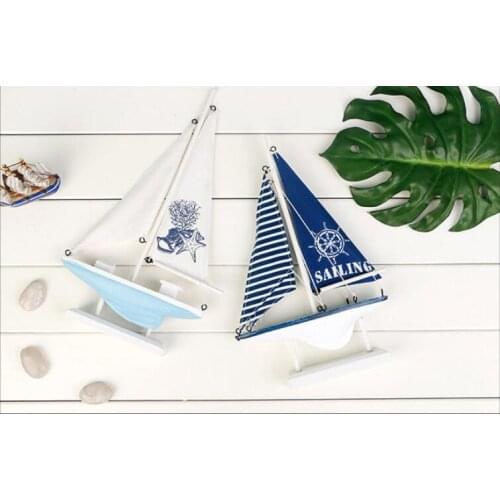1PC Wood White Sailboat Figurines Mediterrean Style Wooden Stripe Ship Home Office Desktop Miniature Marine Sailing Boats KN 060