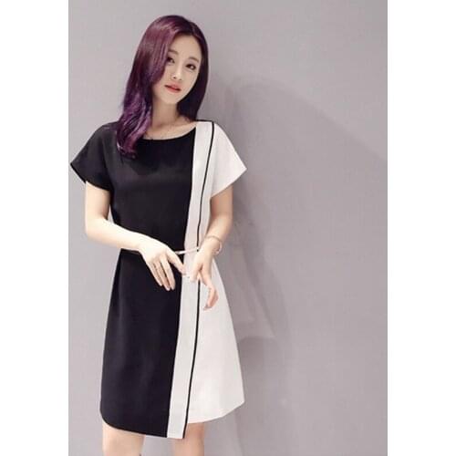 2020 Summer Women Elegant A-line Dress Fashion Black White Patchwork Short Sleeve O-neck Knee-length Ladies Dress Plus Size