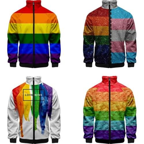 2020 3D Print Stand Collar LGBT Rainbow Flag Lesbians Gays Fashion Men Women Zipper Hoodies Jackets Harajuku Sweatshirt Clothes