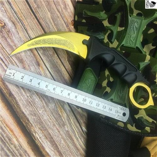 PEGASI CS GO 7.5-inch gold chain pattern fashionable claw knife, training claw knife with scabbard and neck sling easy to carry