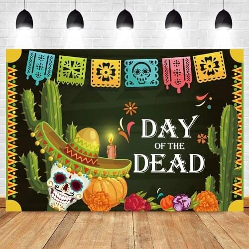 Day of The Dead Background for Mexican Fiesta Skull Floral Cactus Photography Backdrop Death Pattern Birthday Party Photobooth